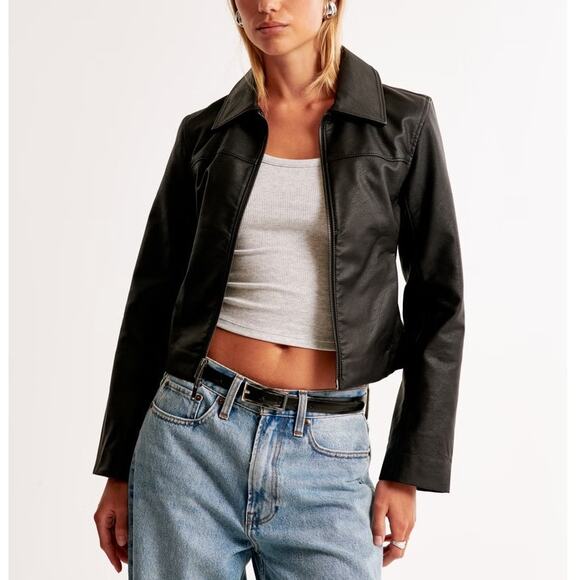 ABERCROMBIE & FITCH Vegan Leather Zip Jacket Black Sz S NWT $110 - Picture 1 of 4